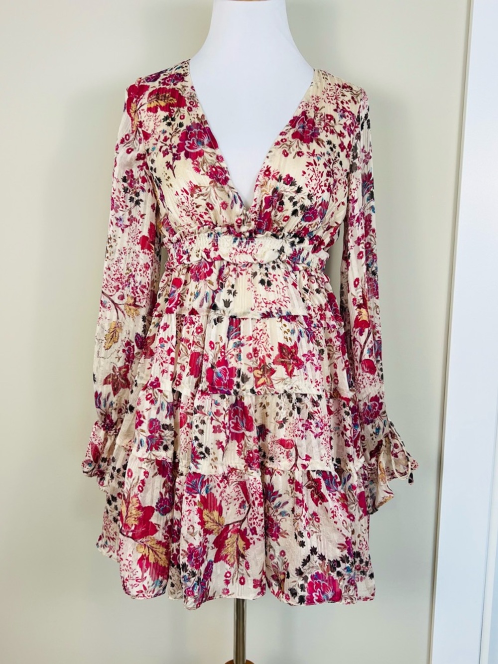 Free People Cream Floral Tiered Mini Dress with Pink & Red Blooms